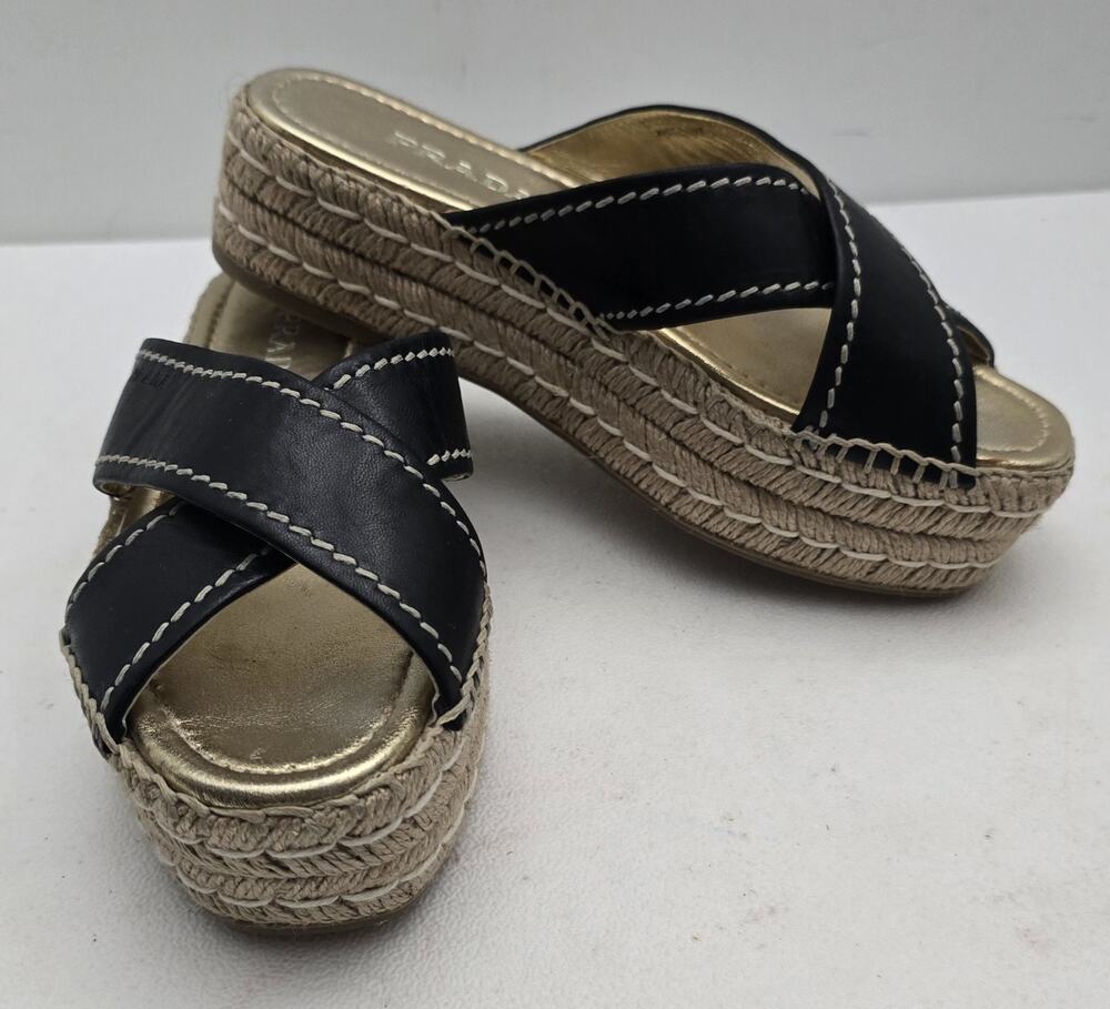 Womens Prada Leather Cross Strap Espadrille Platform Sandals Black Eu 37.5/7.5US